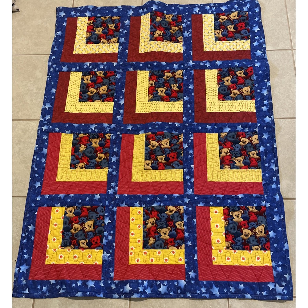 Handmade Small Quilt Blue Red Teddy Bear Star Patchwork Log Cabin‎ Blanket